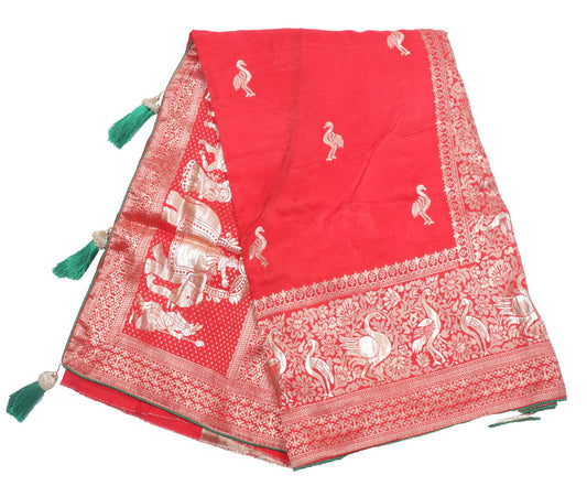 Red Banarasi Silk Saree with Intricate Silver Zari Work