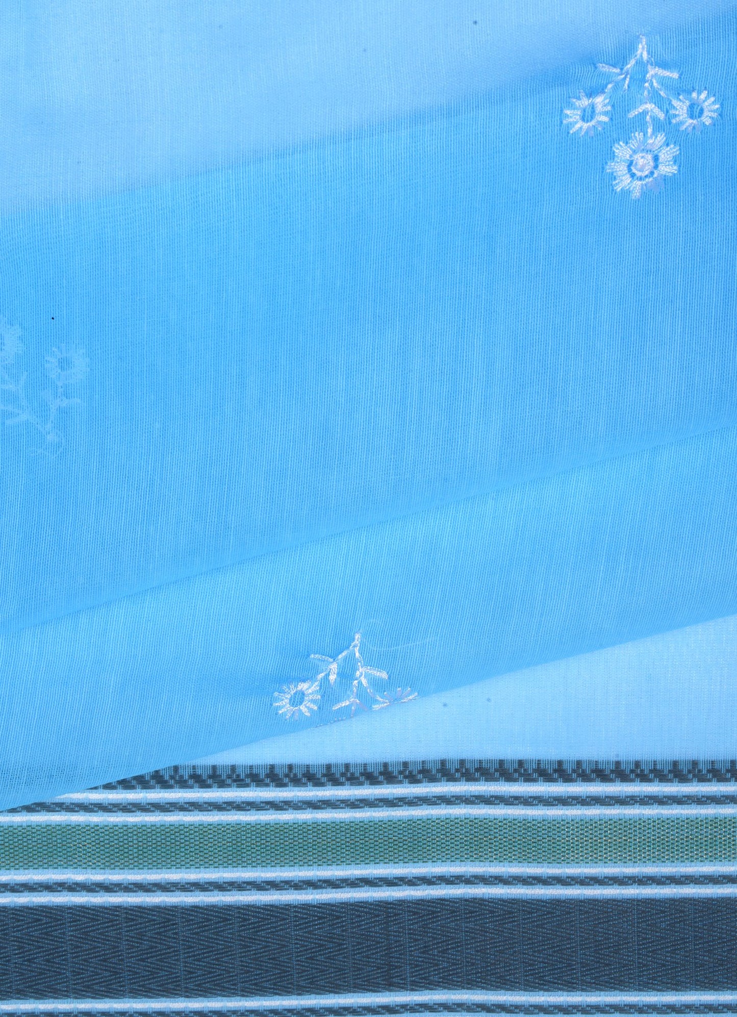 Sky Blue Cotton Chikankari Saree with Striped Border