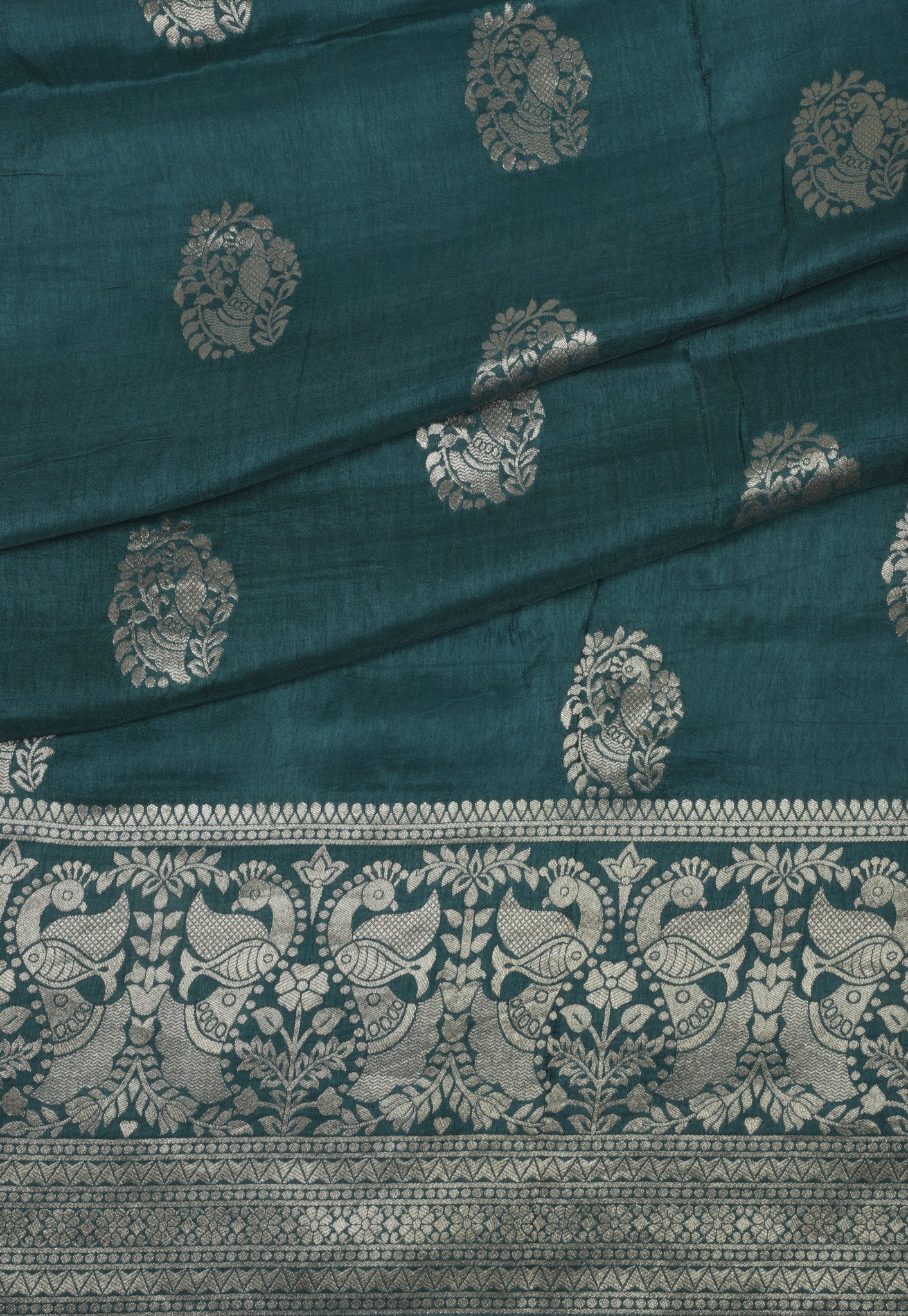 Teal Banarasi Silk Saree with Intricate Silver Zari Work