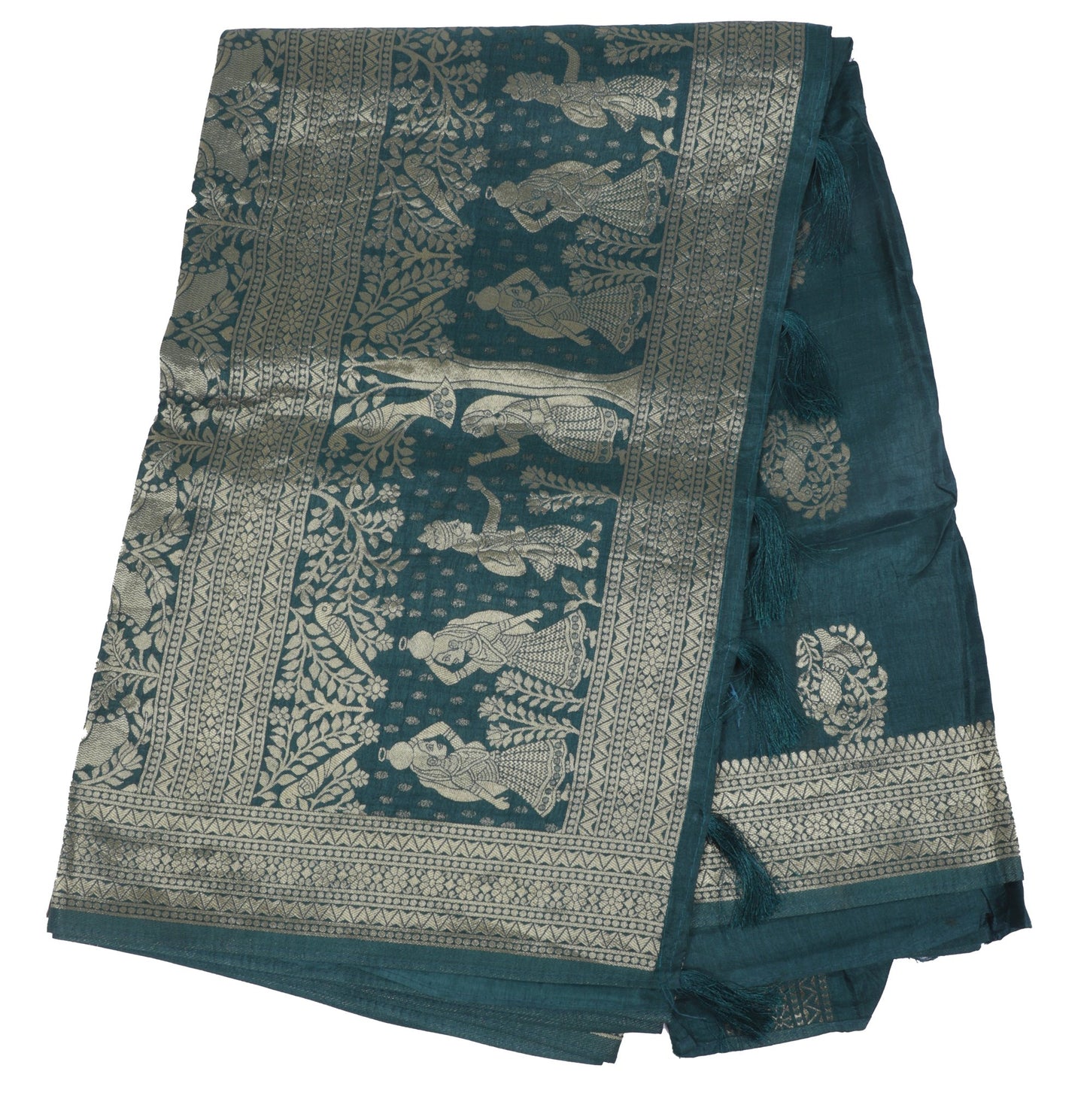 Teal Banarasi Silk Saree with Intricate Silver Zari Work