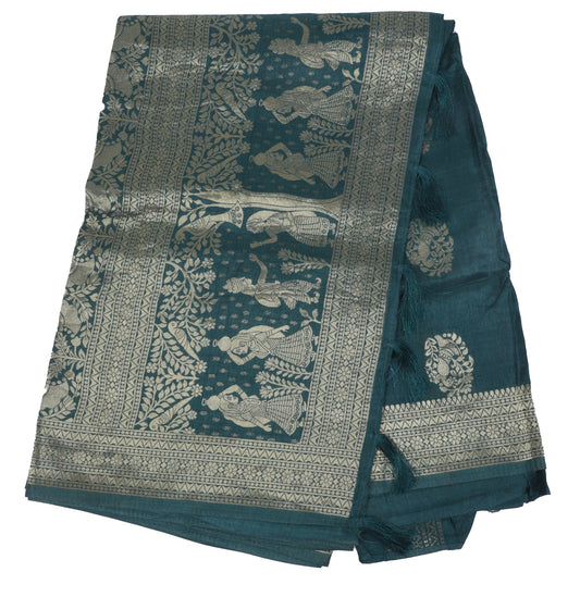 Teal Banarasi Silk Saree with Intricate Silver Zari Work