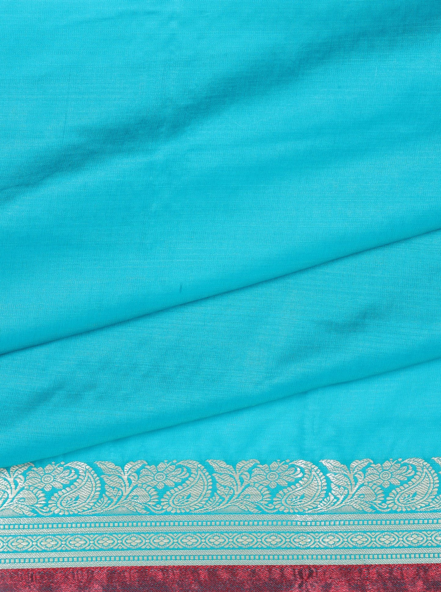 Turquoise and Red Silk Saree with Silver Zari Border