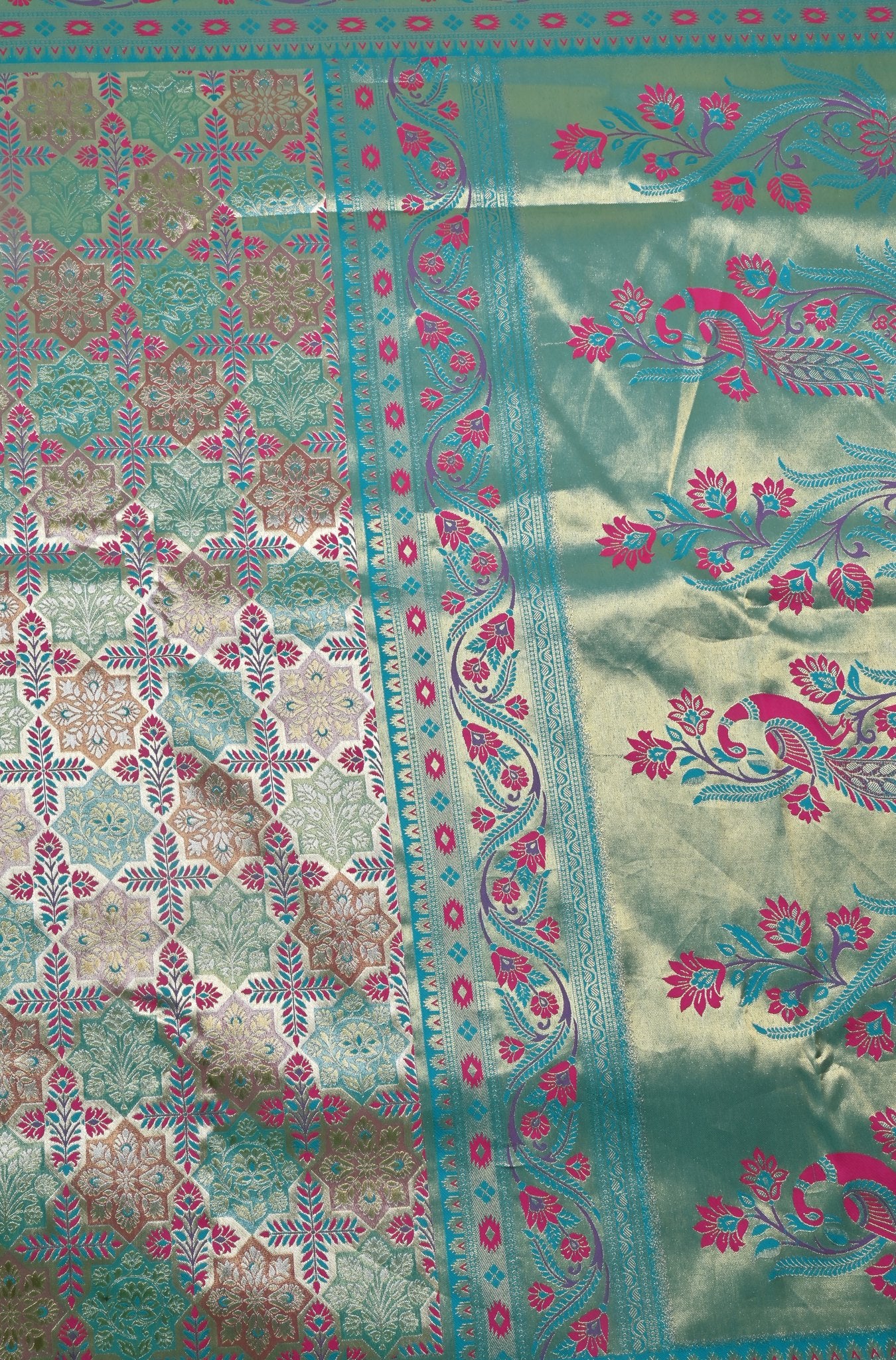 Turquoise Banarasi Silk Saree with Floral Zari Work