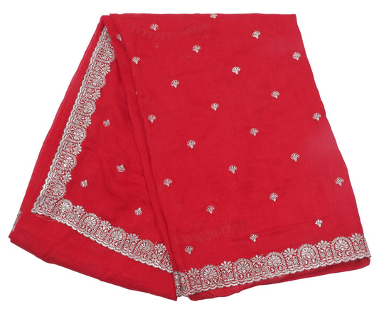 Red Cotton Embroidered Saree with Intricate Silver Border