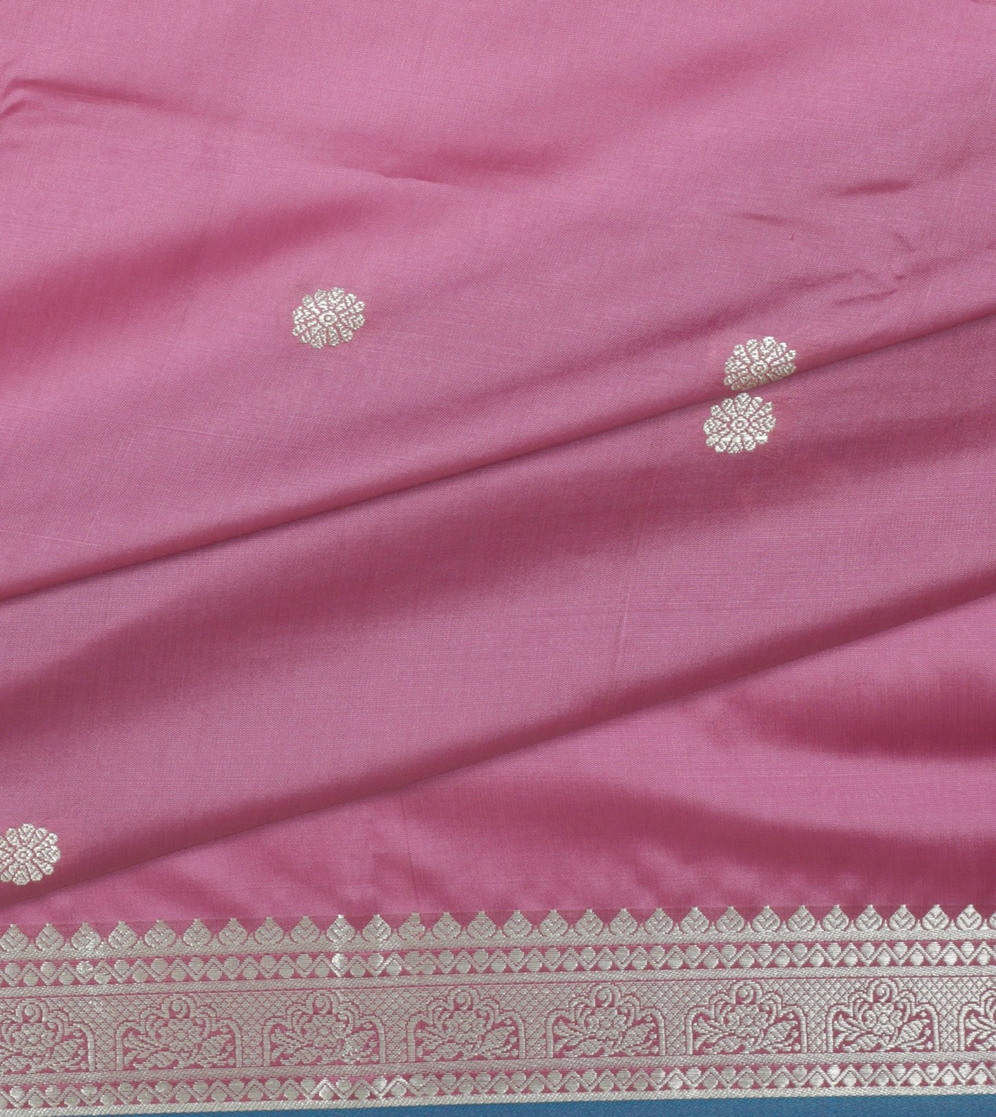 Elegant Weaves Pink and Blue Silk Saree with Silver Zari Work