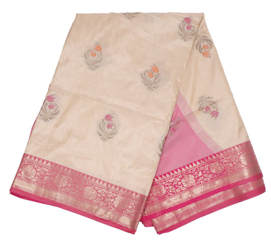 Cream and Pink Silk Saree with Zari Border