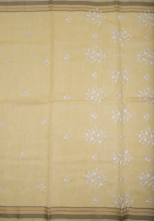 Mustard Yellow Cotton Embroidered Saree