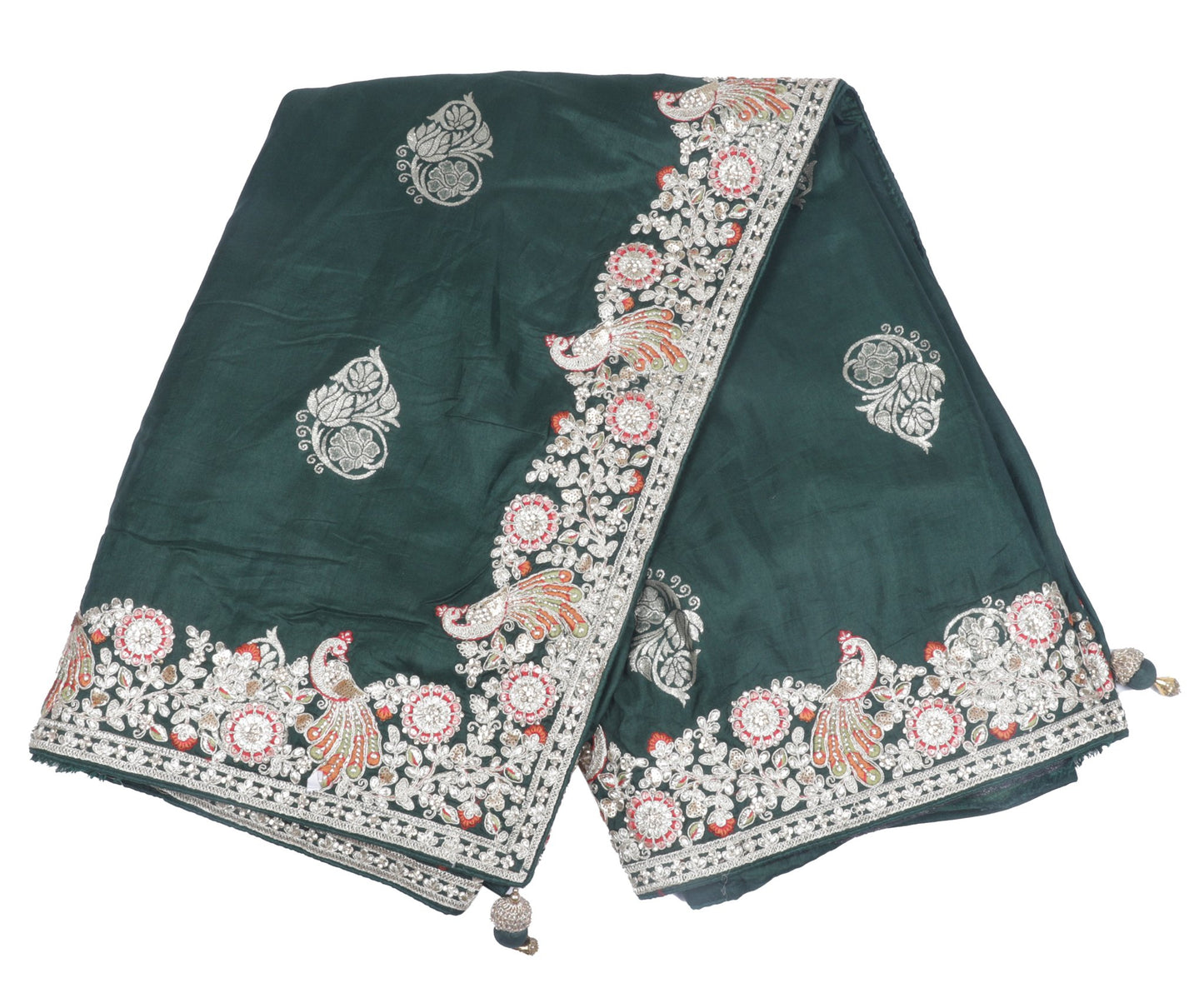 Emerald Green Silk Saree with Intricate Embroidery