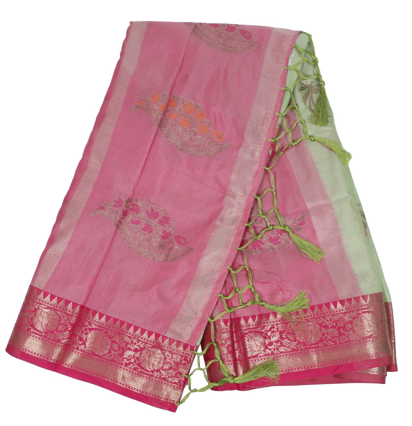 Pink and Green Organza Saree with Zari Work
