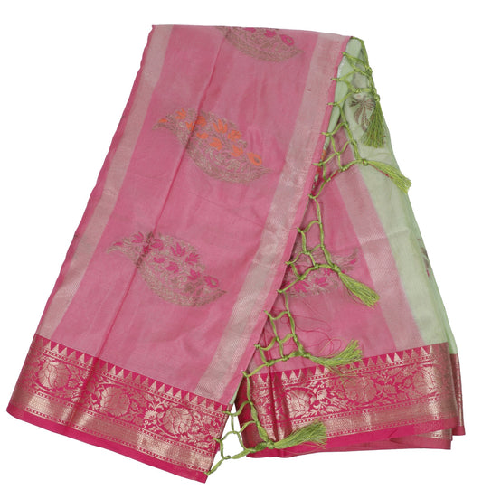 Pink and Green Organza Saree with Zari Work
