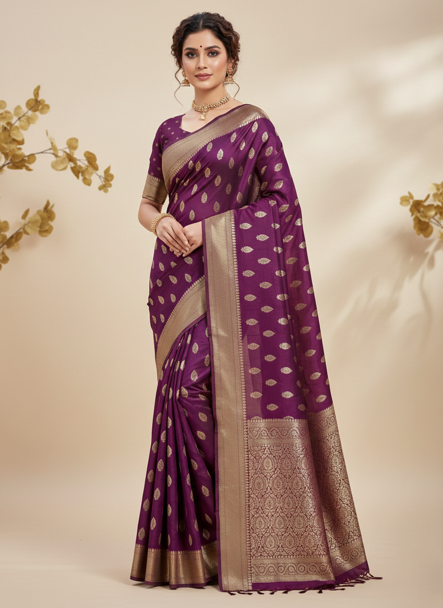 Magenta Banarasi Silk Saree with Zari Leaf Motifs