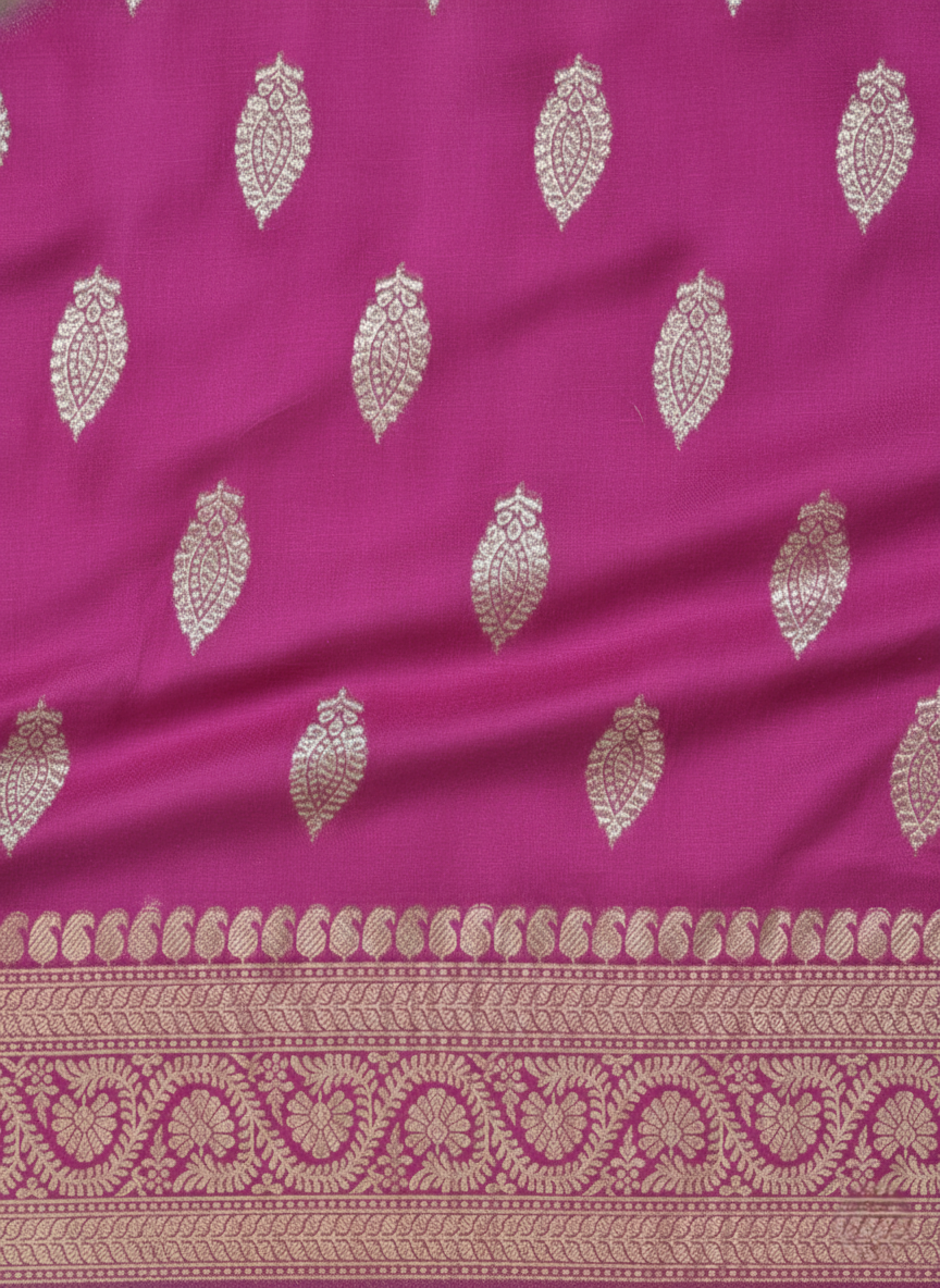 Magenta Banarasi Silk Saree with Zari Leaf Motifs