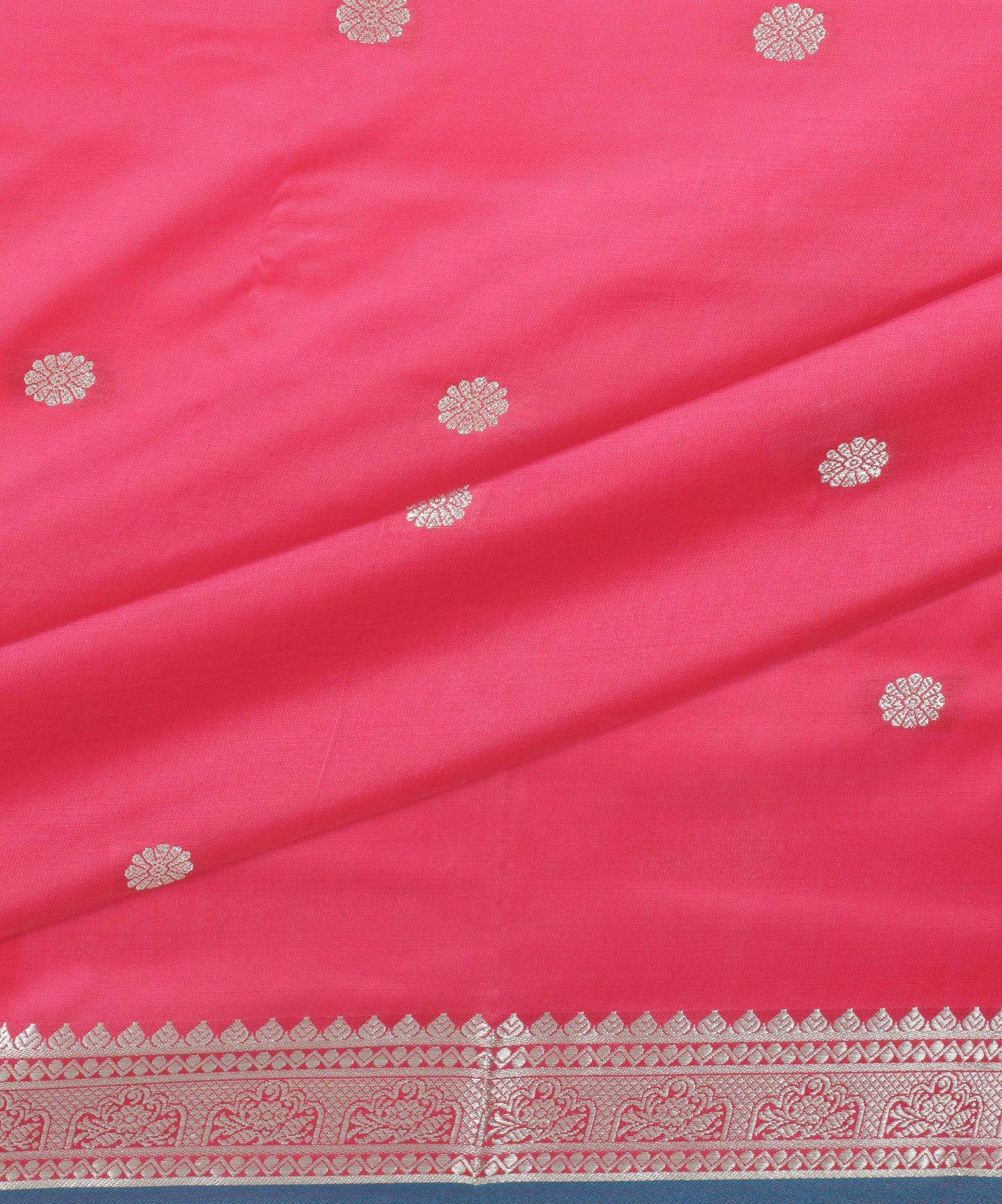 Pink and Blue Silk Saree with Silver Zari Work