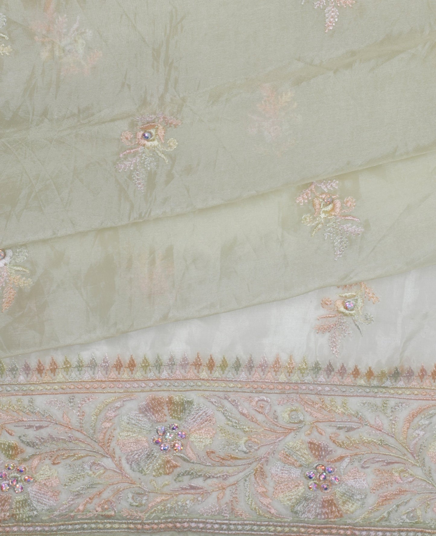 Pastel Green Organza Saree with Intricate Floral Embroidery