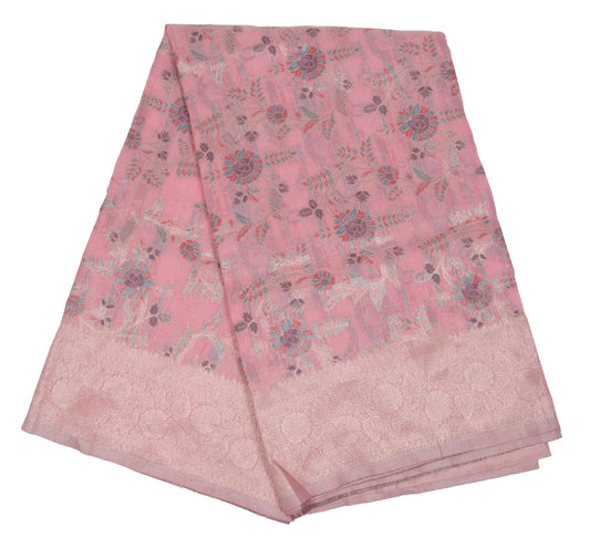 Pink Floral Banarasi Silk Saree with Zari Work