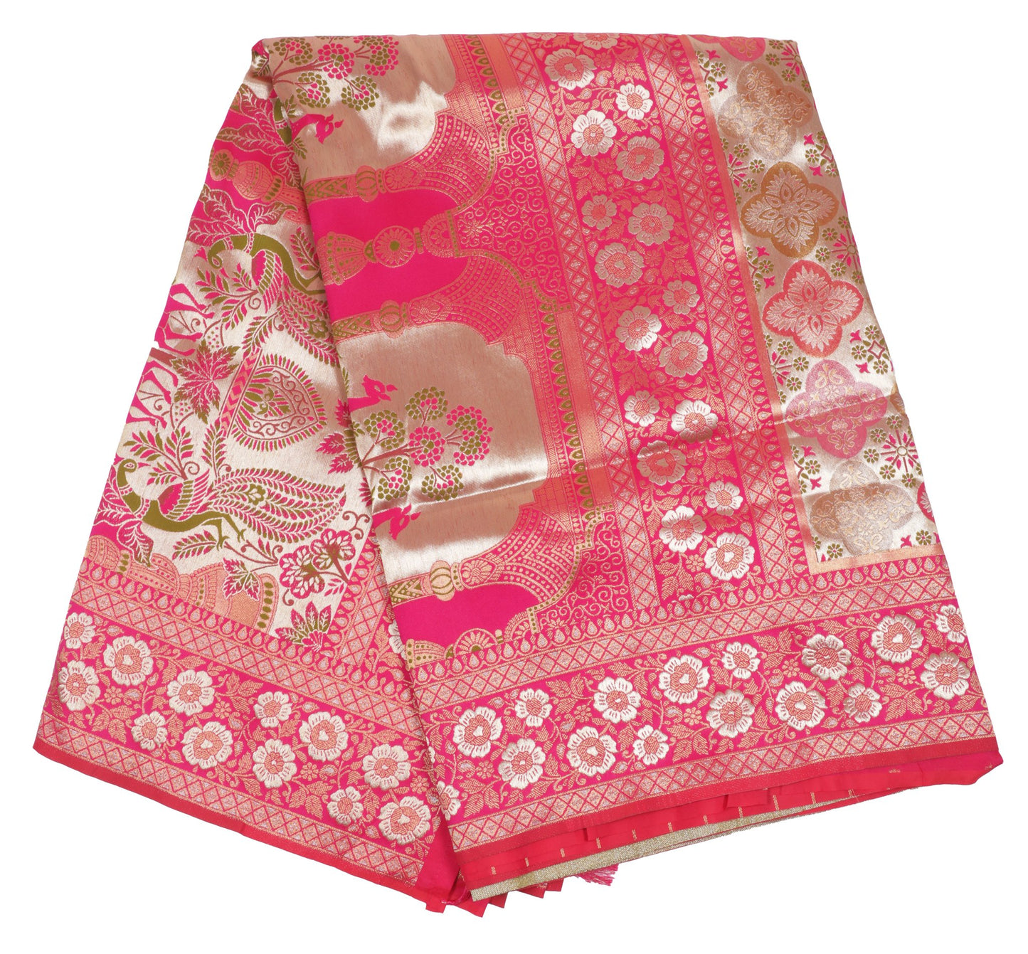 Pink and Gold Banarasi Silk Saree with Intricate Zari Work