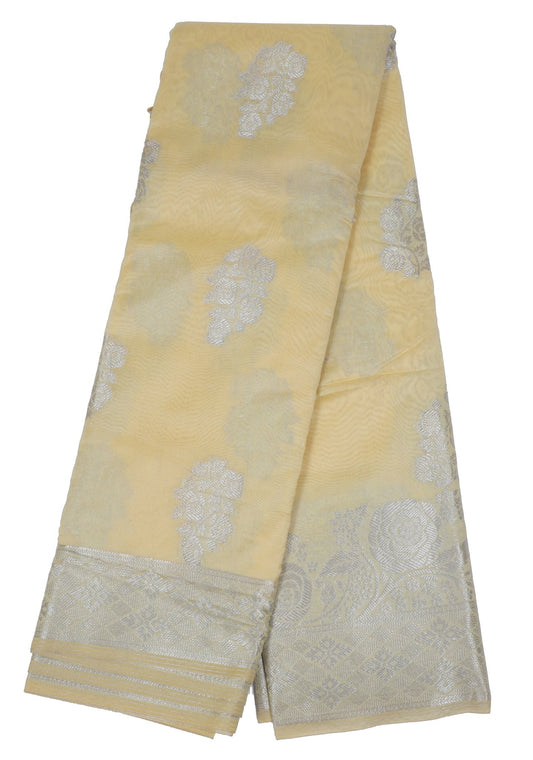 Elegant Weaves Light Yellow Banarasi Silk Saree with Silver Zari Work