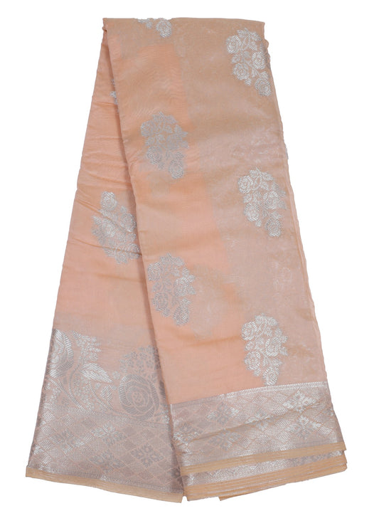 Peach Silk Saree with Silver Zari Floral Motifs