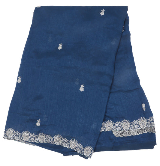 Navy Blue Cotton Embroidered Saree with Lace Border
