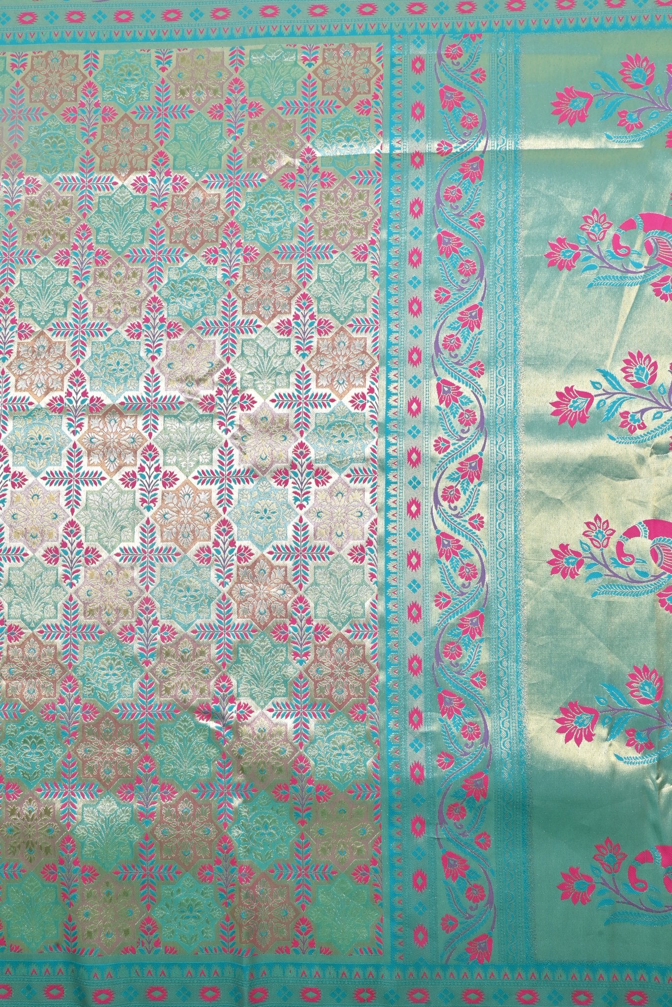 Turquoise Banarasi Silk Saree with Floral Zari Work