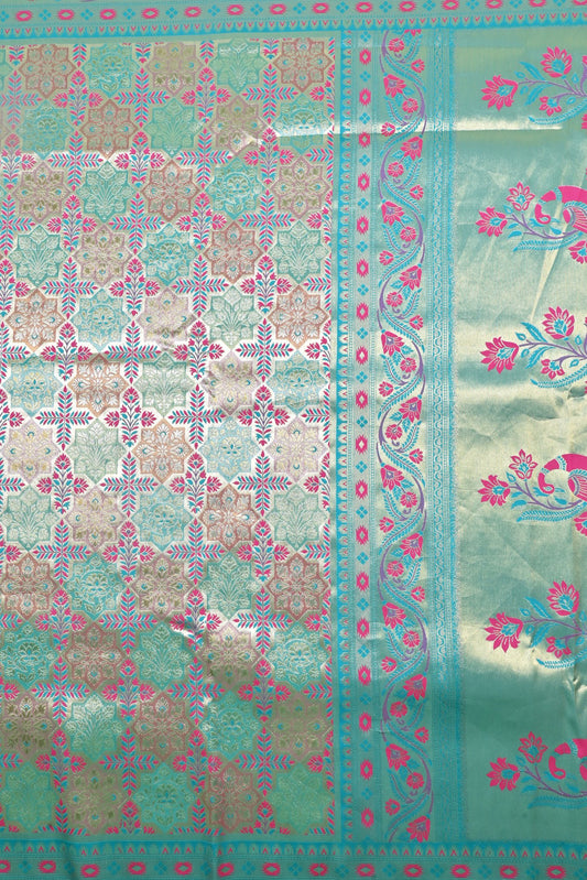Turquoise Banarasi Silk Saree with Floral Zari Work