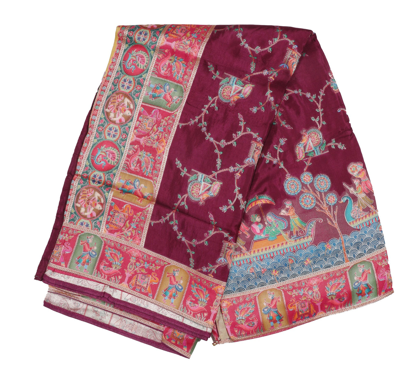 Exquisite Maroon Silk Saree with Intricate Mythological Motifs