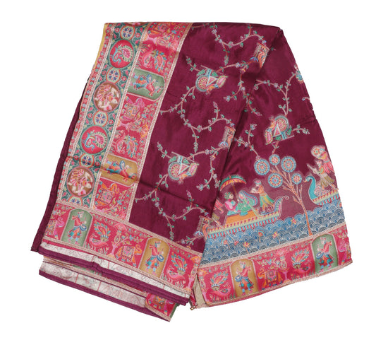 Exquisite Maroon Silk Saree with Intricate Mythological Motifs