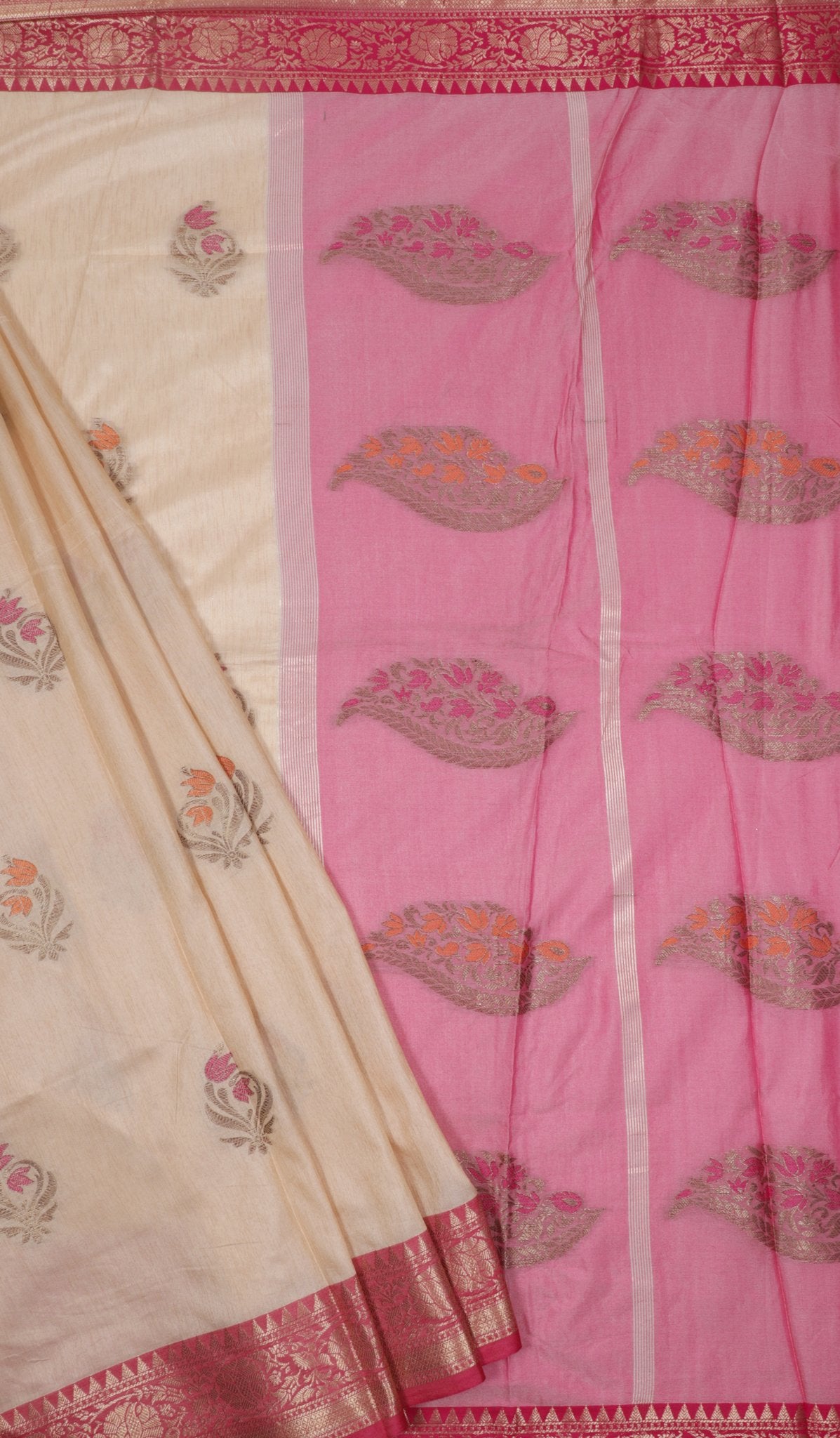 Cream and Pink Silk Saree with Zari Border