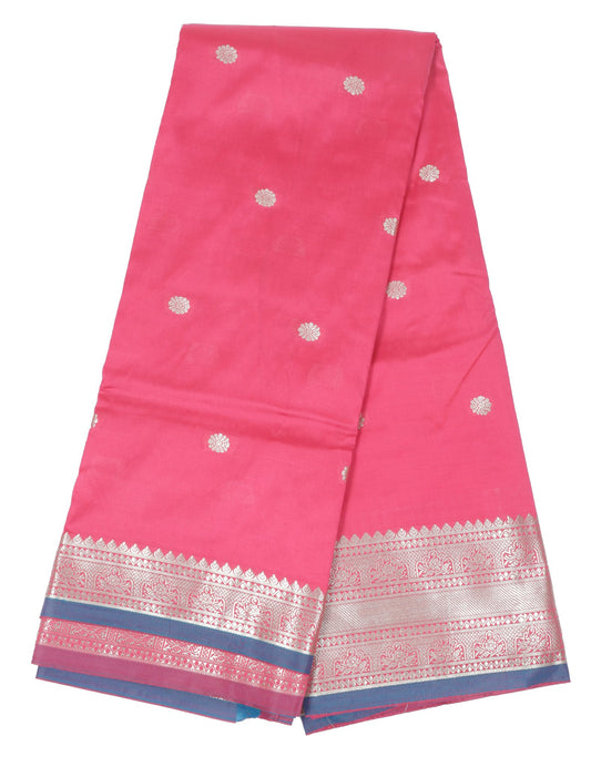 Pink and Blue Silk Saree with Silver Zari Work