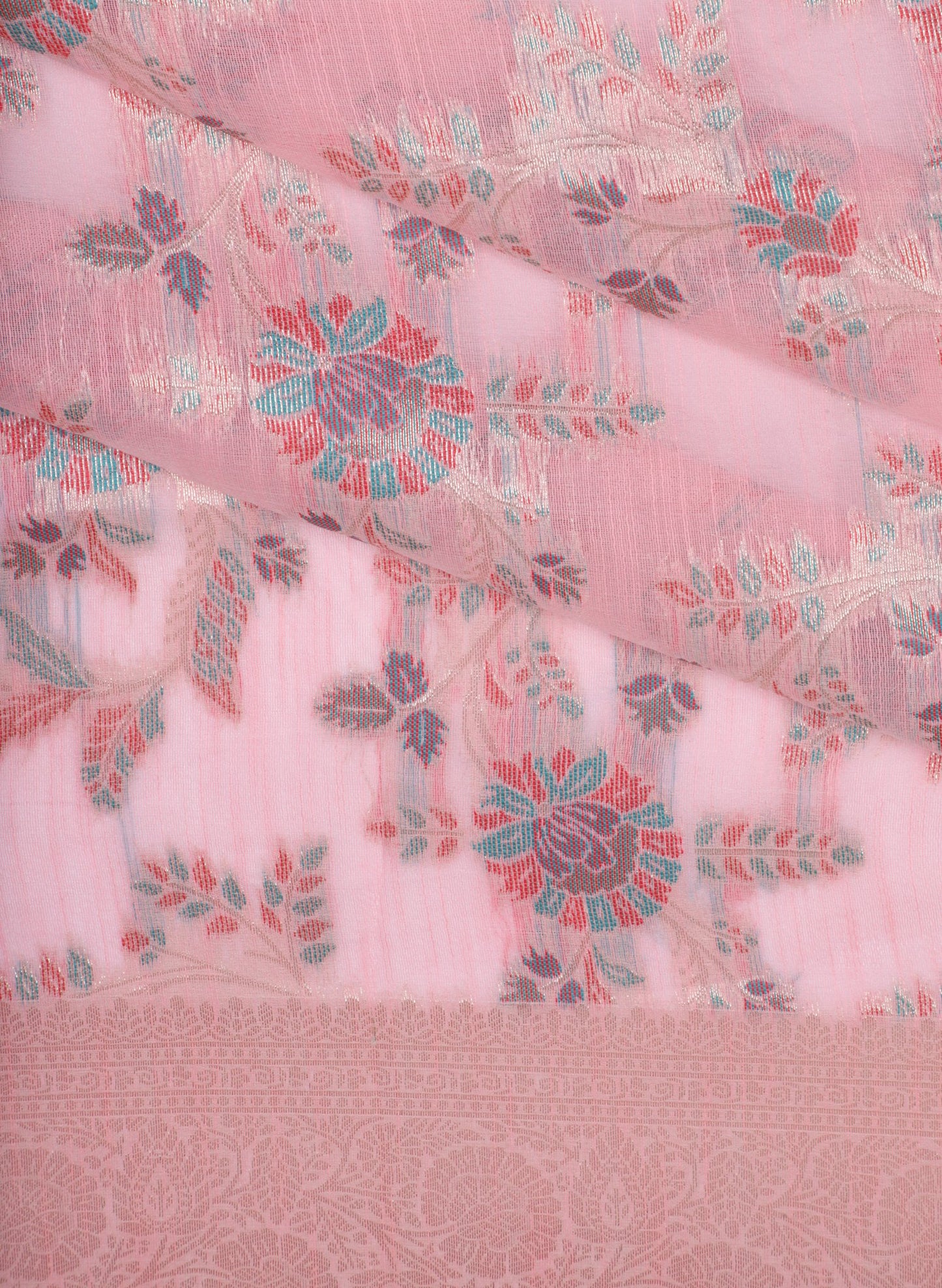 Pink Floral Banarasi Silk Saree with Zari Work